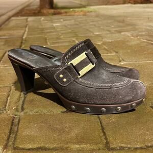 Stuart Weitzman Double Agent Brown Suede Open Back Slides Heel‎ Platform Shoes 8